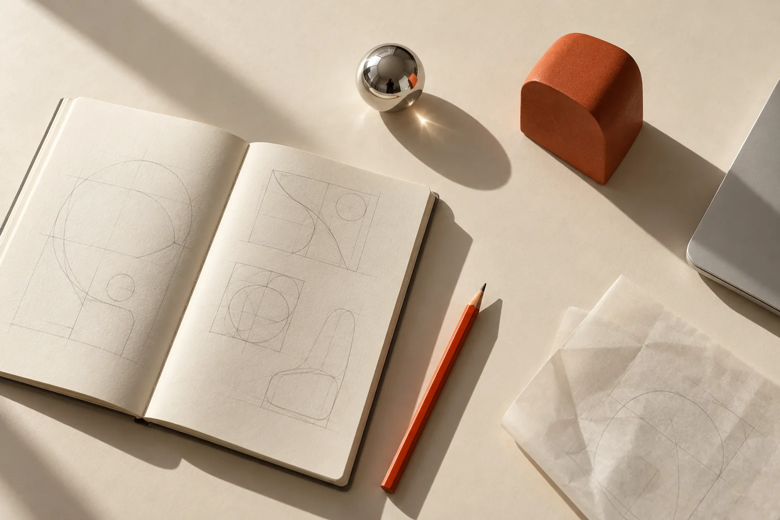 Conceptual studio artwork with creative tools and warm afternoon shadows