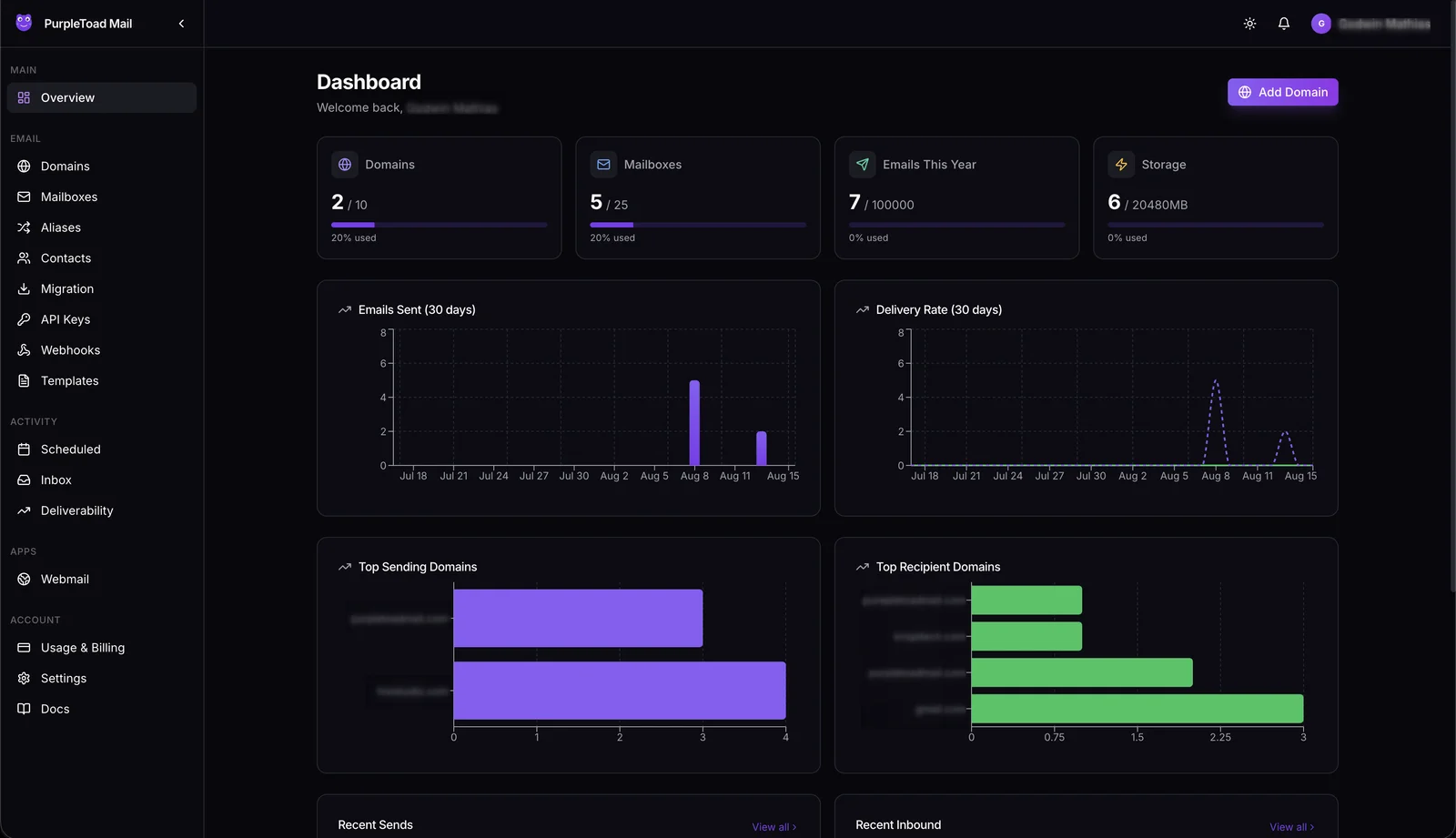 PurpleToad Mail dashboard showing domains, mailboxes, and email activity
